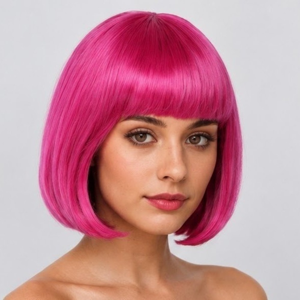 NEW Short Bob Hot Pink Wig Bangs Role CosPlay Dress Up Halloween Costume One Sz